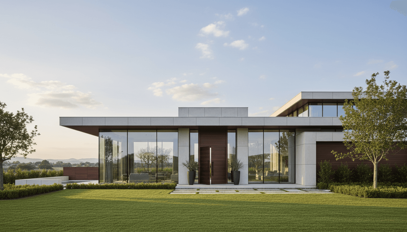 Elegant two-story luxury home exterior with a manicured lawn and a brick walkway