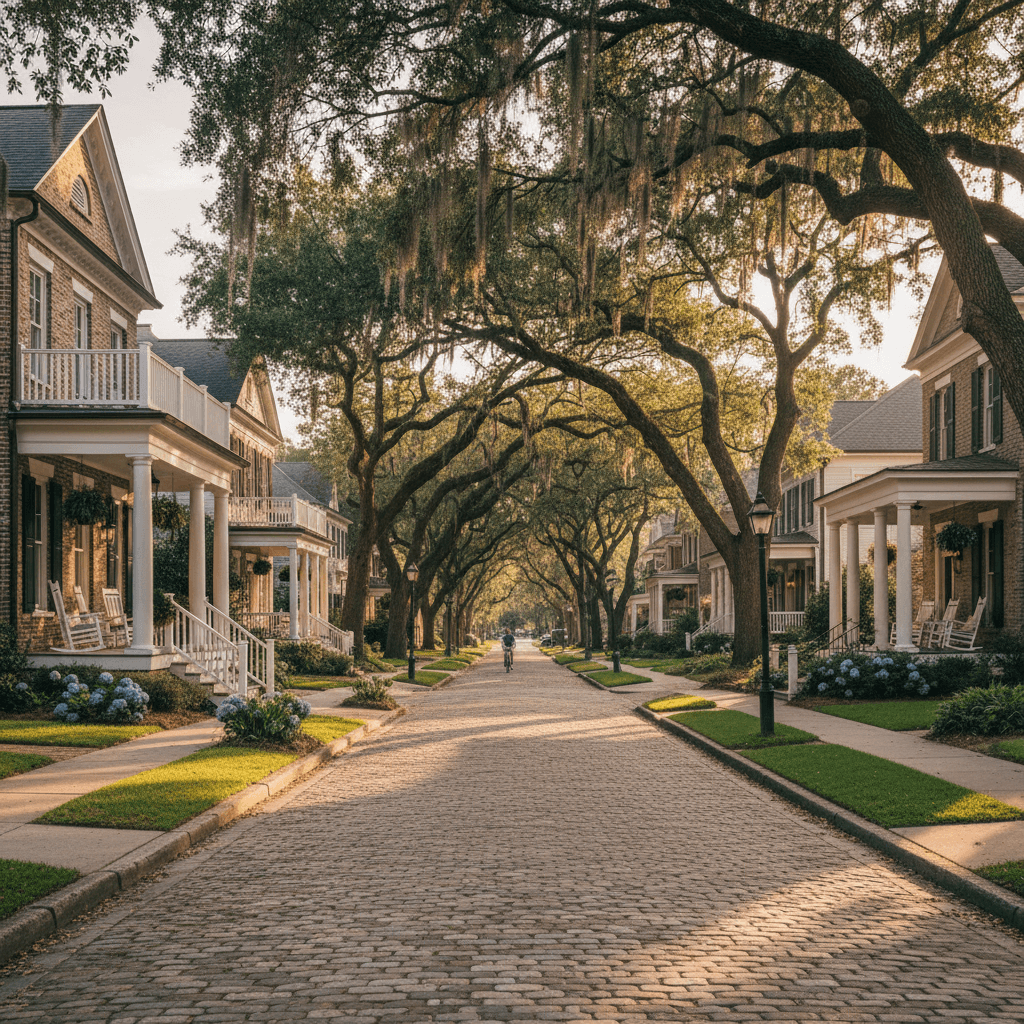 Tree-lined street with elegant Southern homes in Mount Pleasant, South Carolina at golden hour