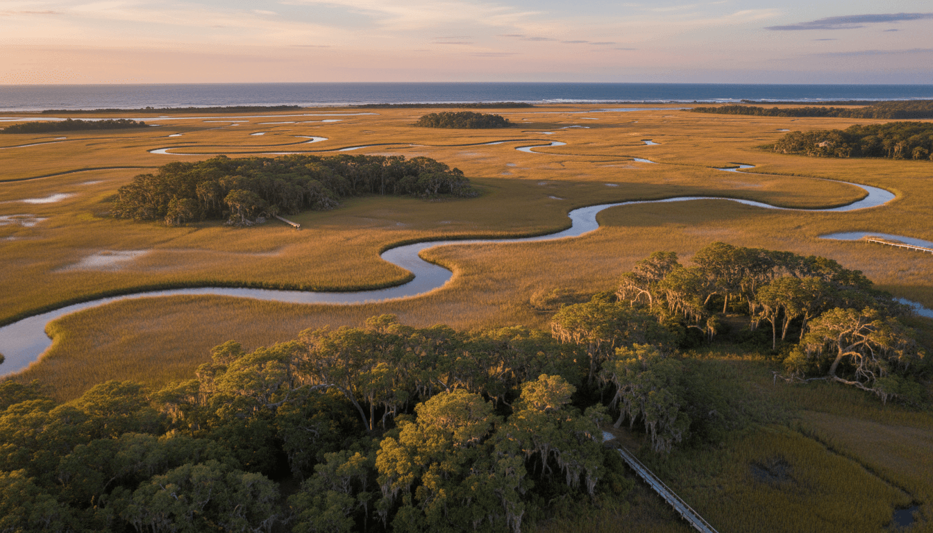 Aerial view of Lowcountry marshland with oak trees and waterways in Carolina