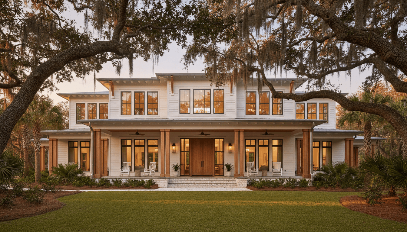 Modern multigenerational home in the Lowcountry with a spacious front porch