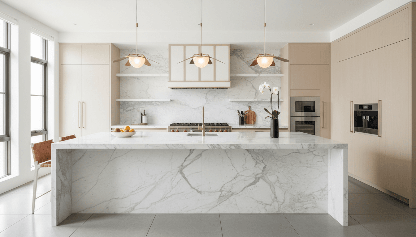 Bright luxury kitchen interior with a marble island and designer pendant lights
