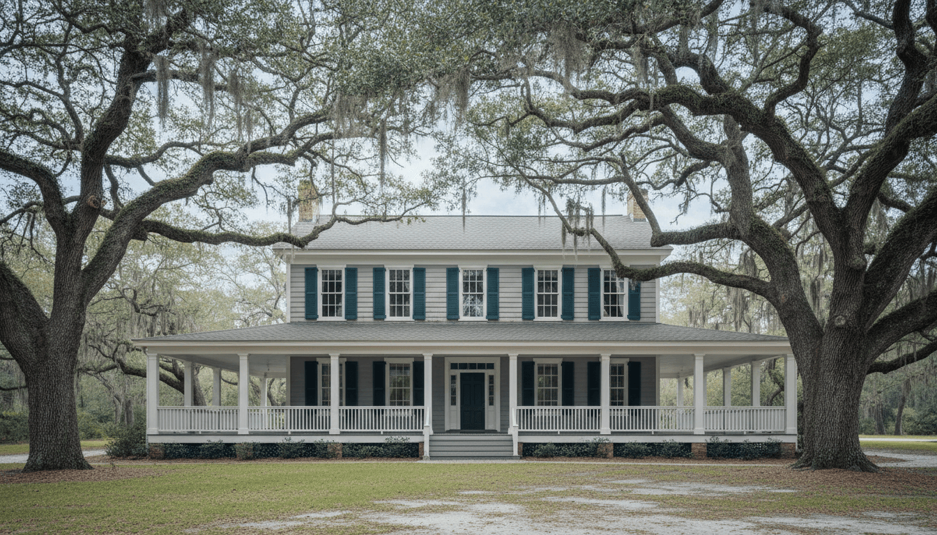 Elegant Lowcountry home exterior with a wide front porch and surrounding oak trees