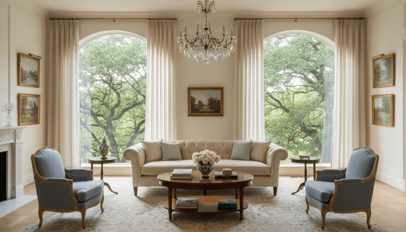 Elegant living room with tall windows, natural light, and views of oak trees