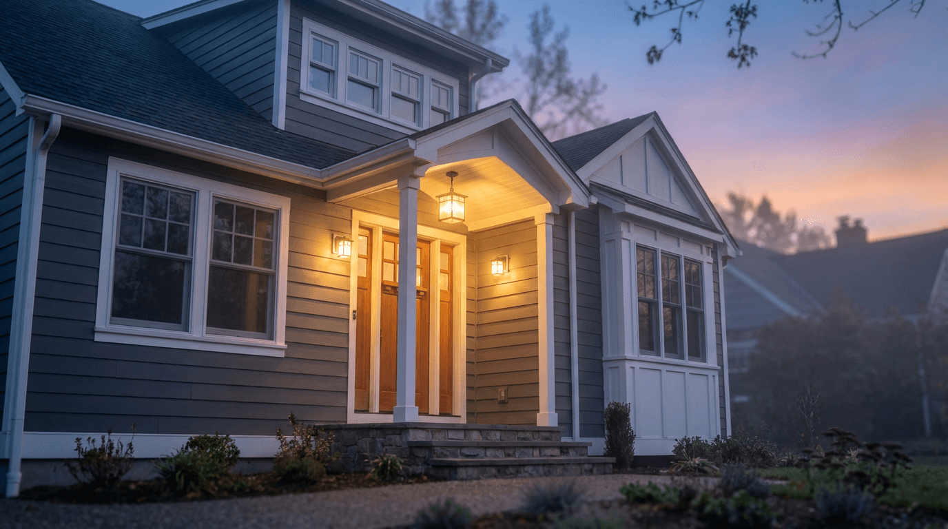 Beautiful Lowcountry home at dusk with warm lights on and oak trees