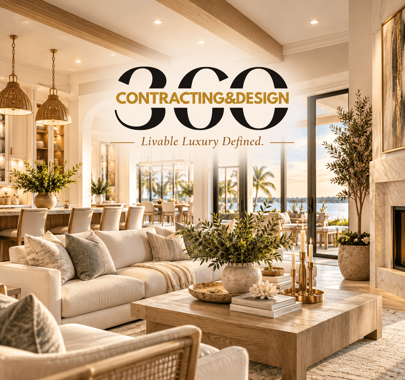 Luxurious living room with white sofas and wooden accents overlooking a scenic tropical waterfront.