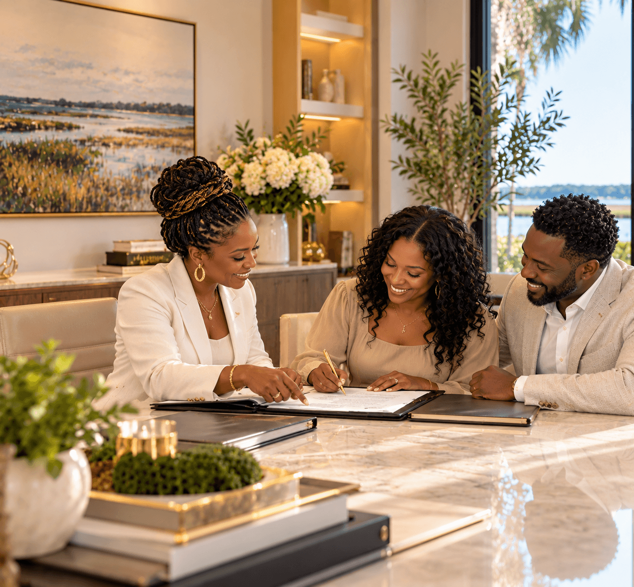 Smiling Black couple signs documents with a professional woman in a bright, elegant office.