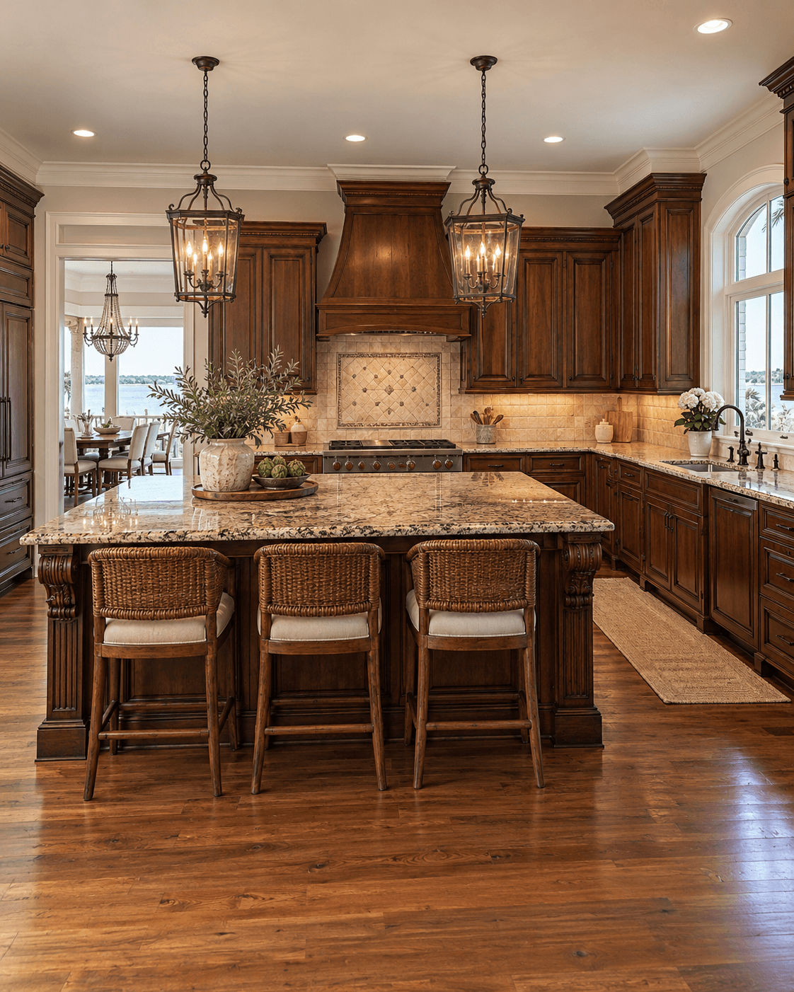 Traditional kitchen featuring dark wood cabinetry, a granite island, wicker stools, and lantern pendants.