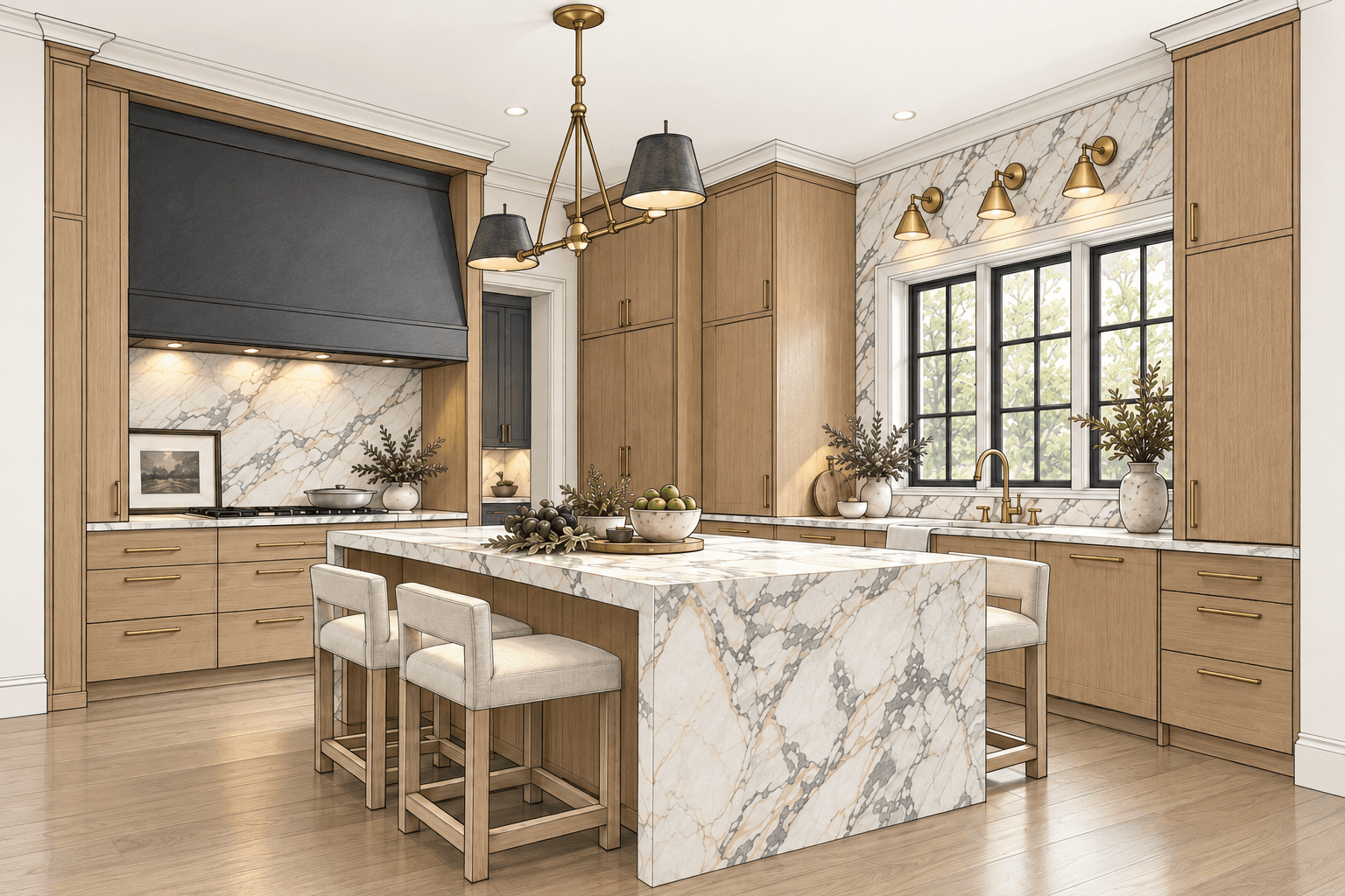 Modern kitchen with marble waterfall island, light wood cabinetry, brass accents, and black range hood.