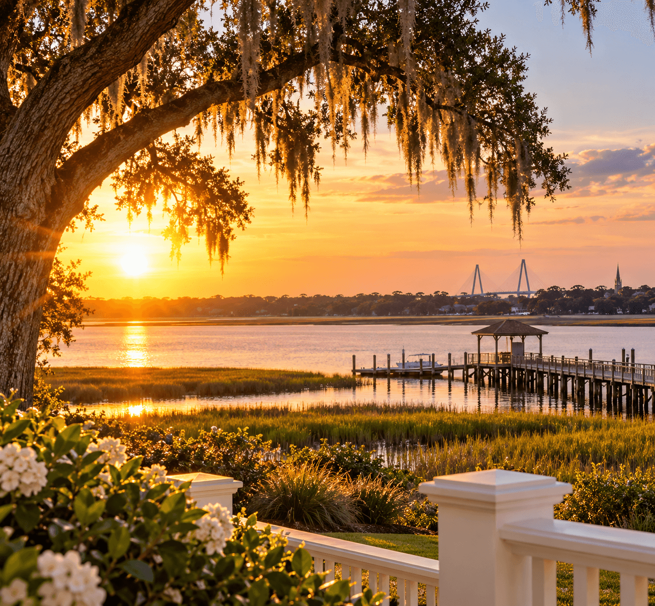Golden sunset over a marshy river with Spanish moss, a wooden pier, and distant bridge.