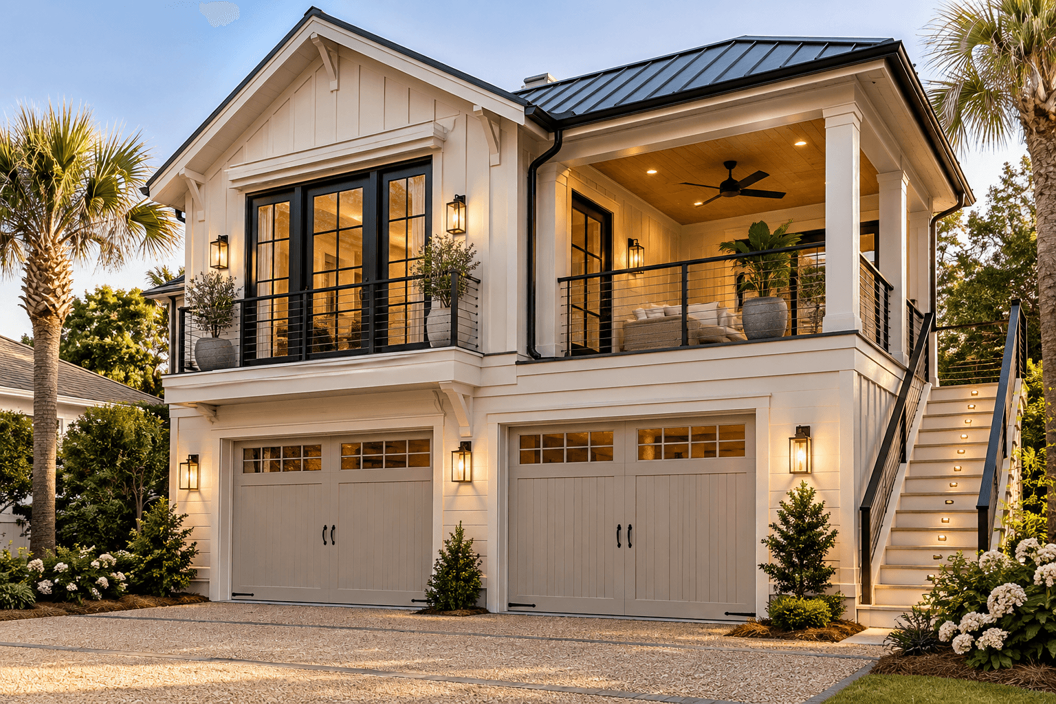 Two-story white coastal home featuring a large balcony, two-car garage, and elegant evening lighting.