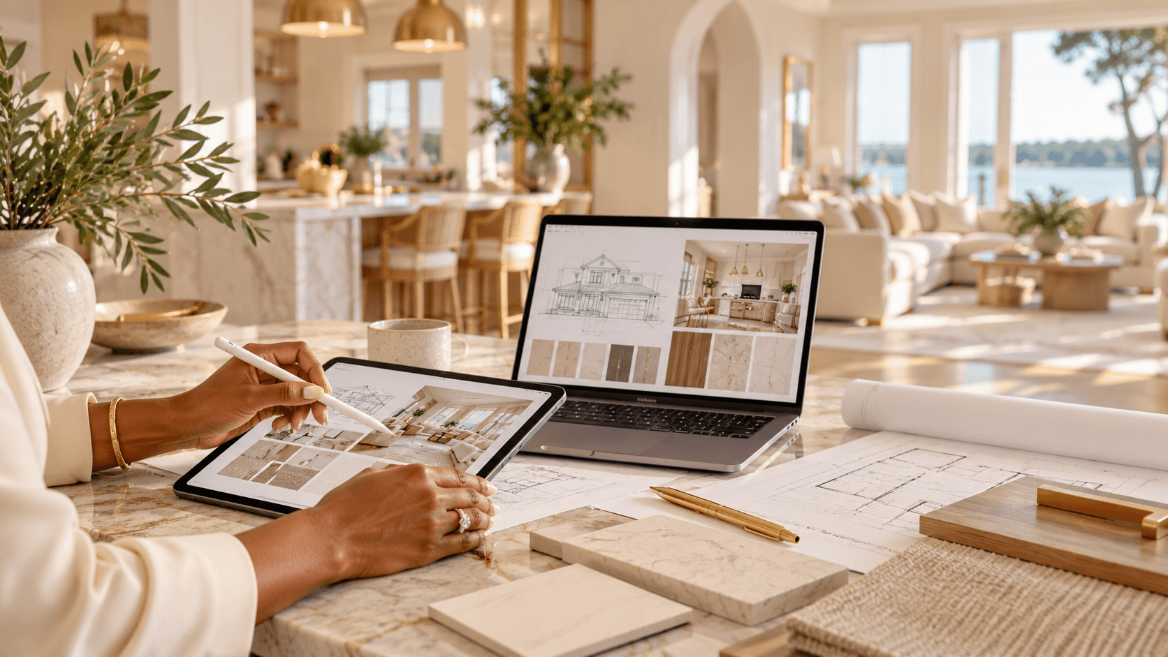 Designer reviewing architectural plans on a tablet and laptop with material samples in a home.