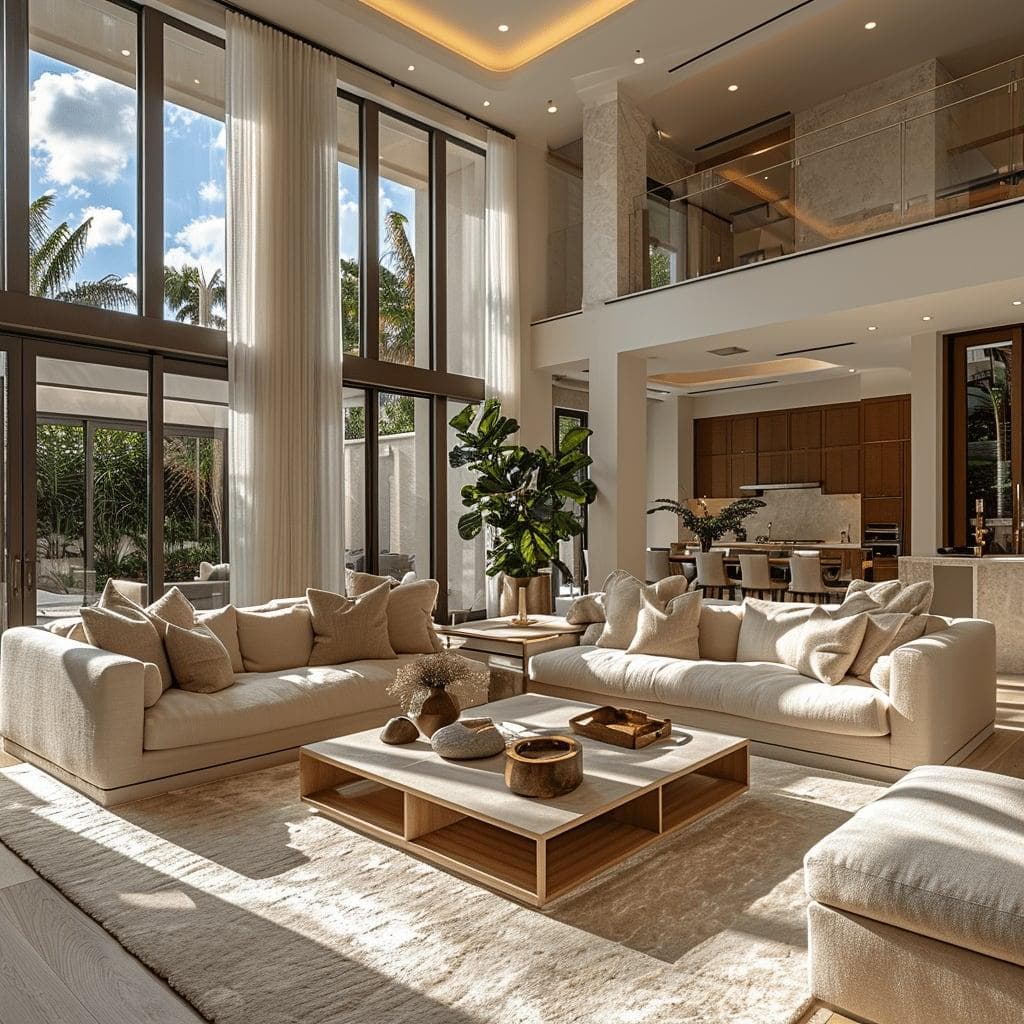 Luxurious sunlit living room featuring cream sofas, a wooden coffee table, and floor-to-ceiling windows.