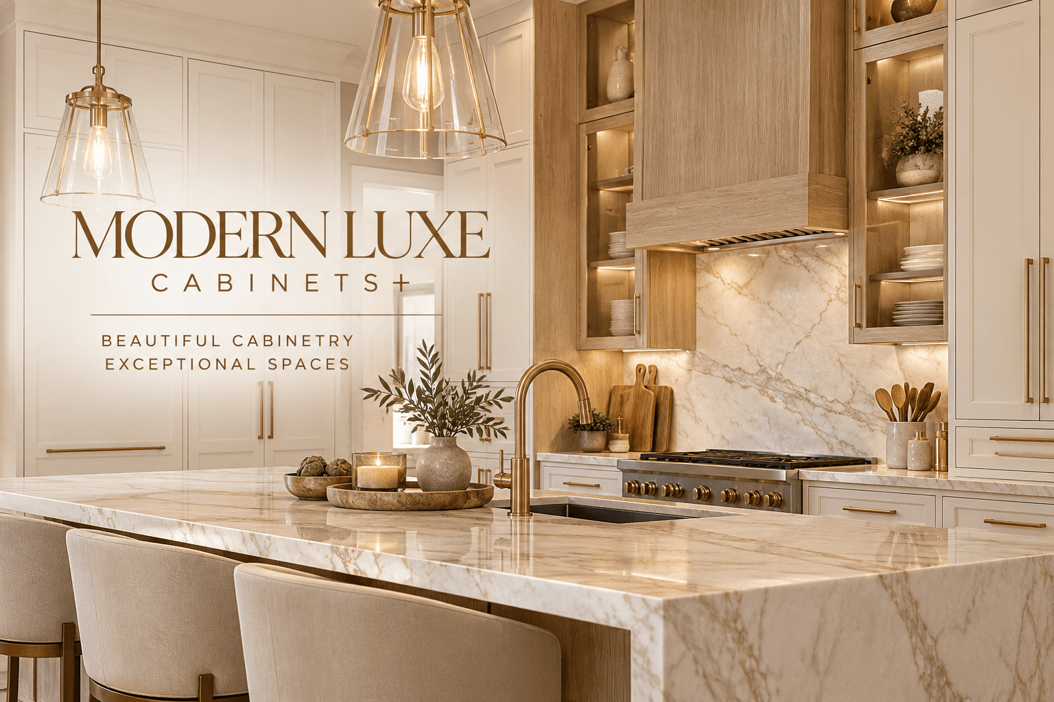 Modern luxury kitchen featuring a marble waterfall island, light wood cabinetry, and gold accents.