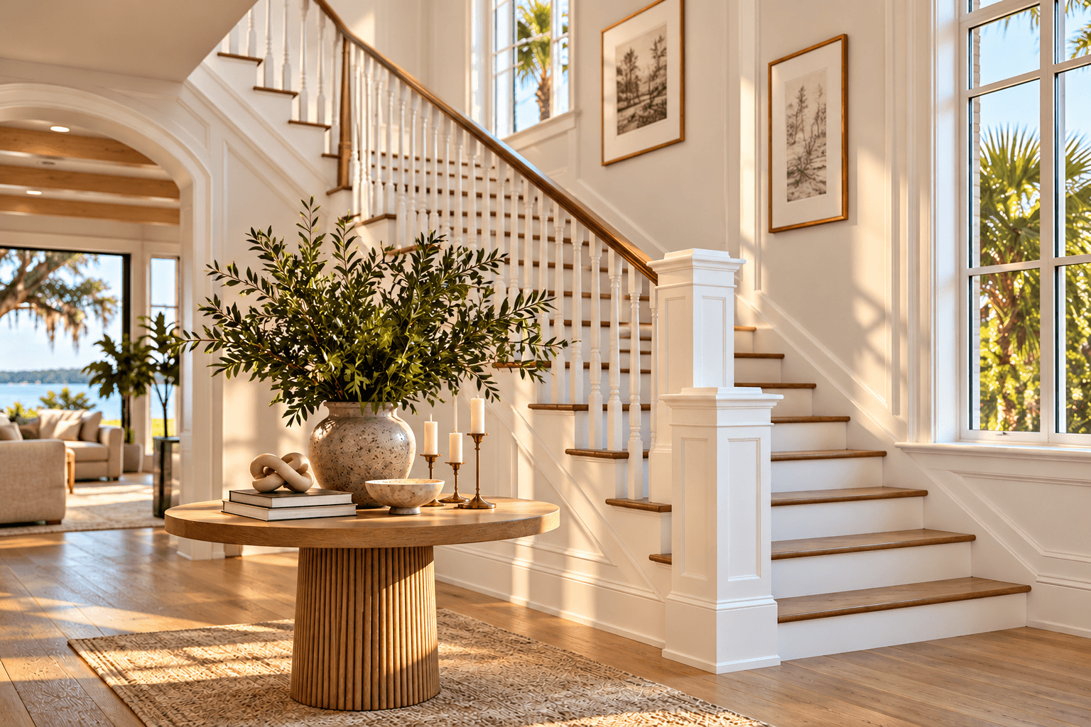 Sun-drenched coastal foyer featuring a wooden staircase and a round table with lush greenery.