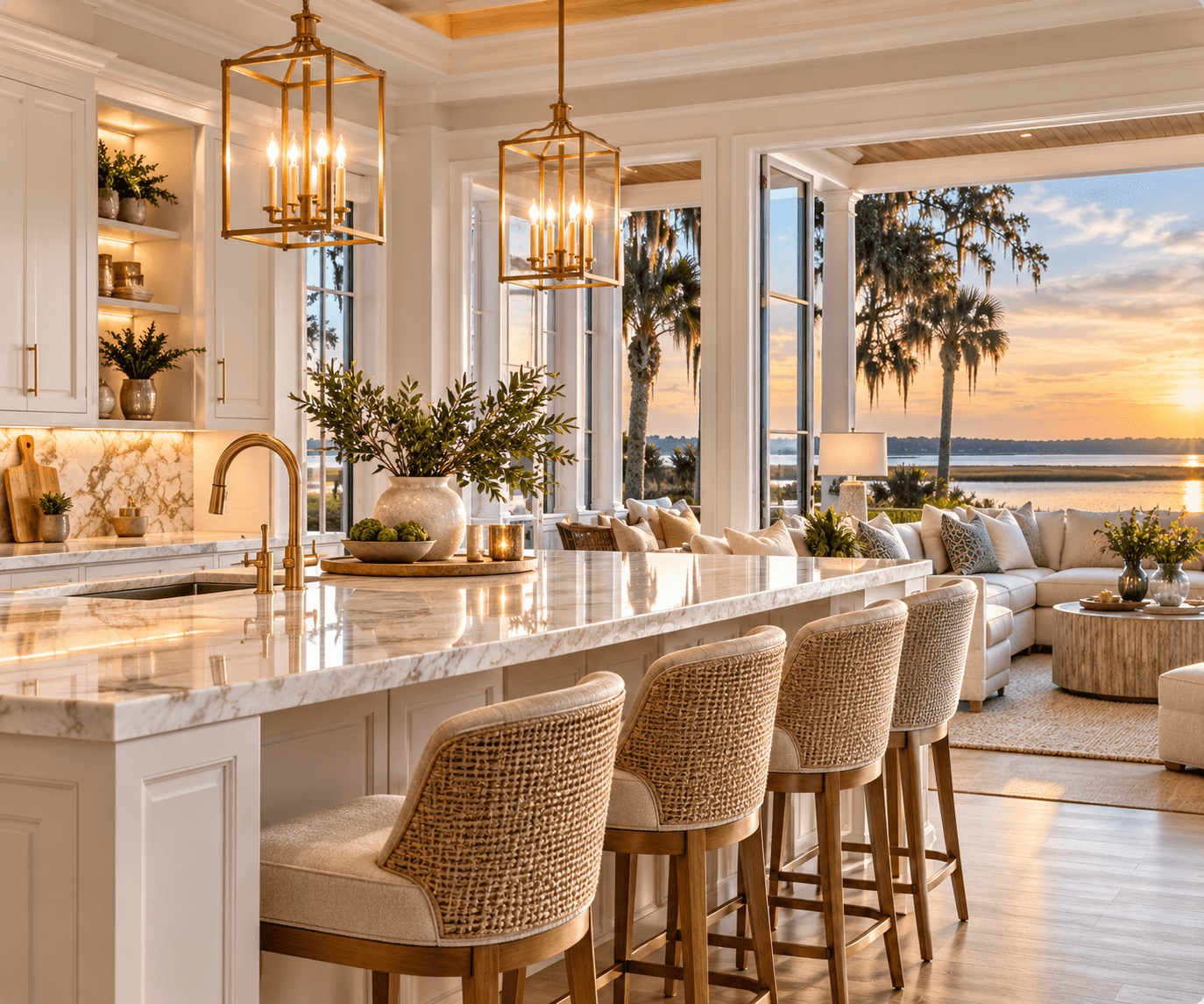 Luxurious kitchen with marble island and woven stools overlooking a scenic sunset lake view.