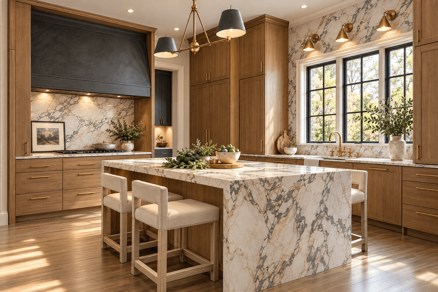 Luxurious kitchen with marble waterfall island, light wood cabinetry, gold accents, and large windows.