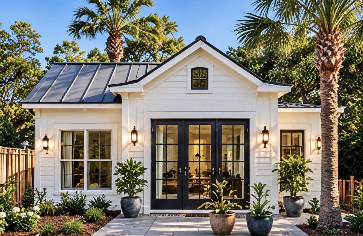 Modern white cottage with black-framed glass doors, palm trees, and potted plants on a patio.