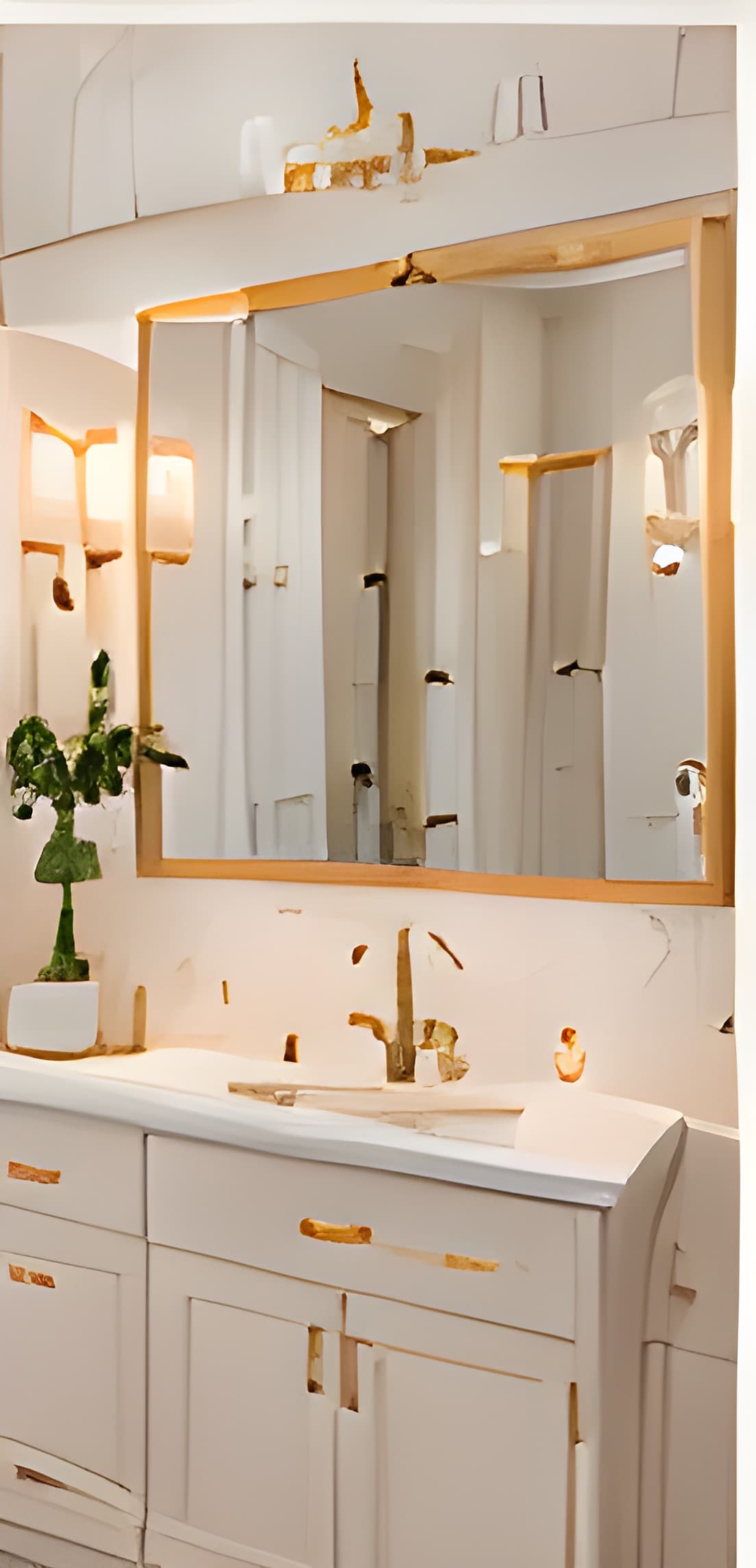 White bathroom vanity with a wooden framed mirror, a small potted plant, and warm lighting.