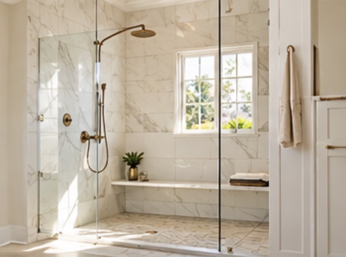 Luxurious marble walk-in shower with brass fixtures, a built-in bench, and a large window.