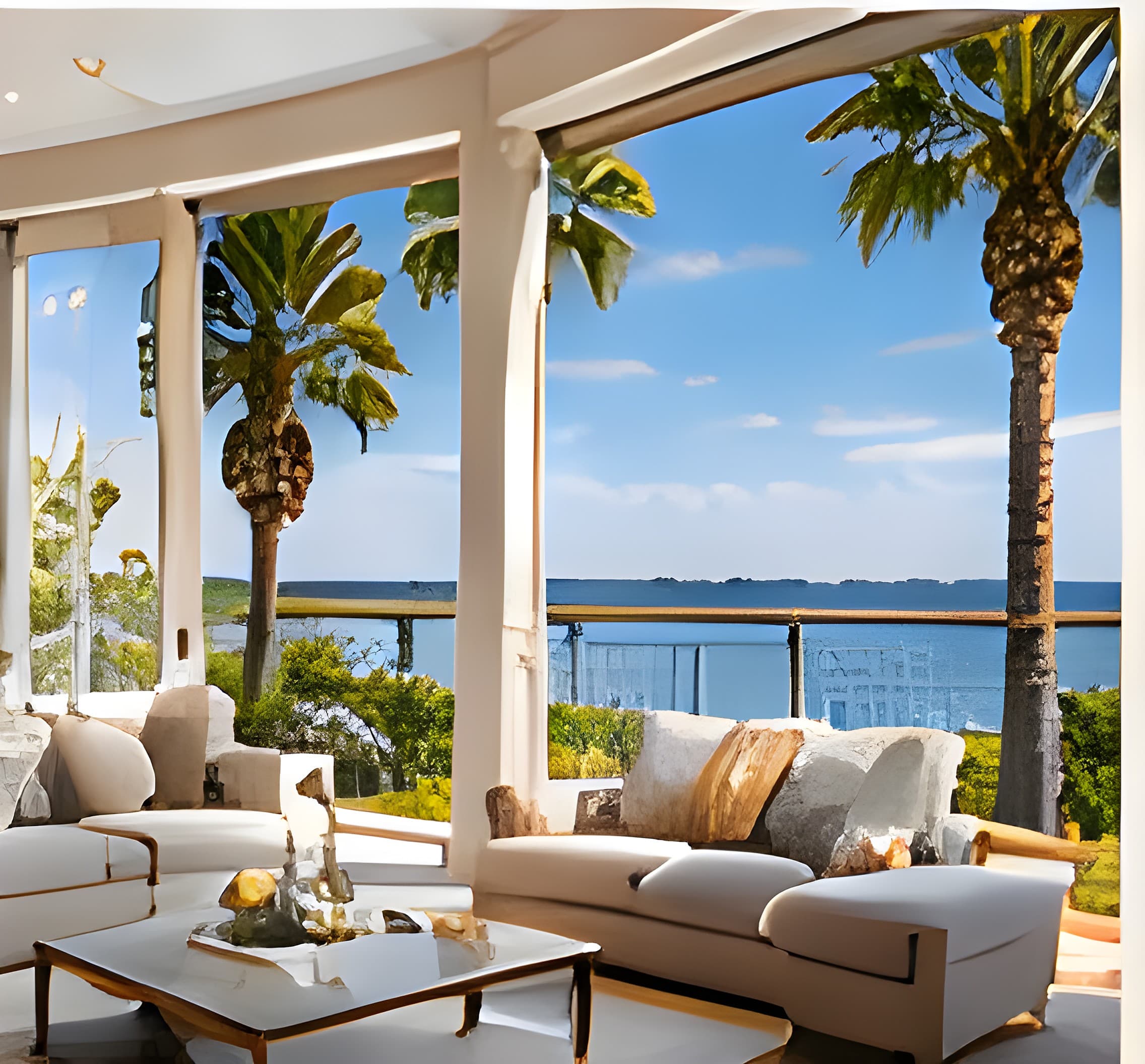 Modern white living room with large windows overlooking a tropical ocean and palm trees.