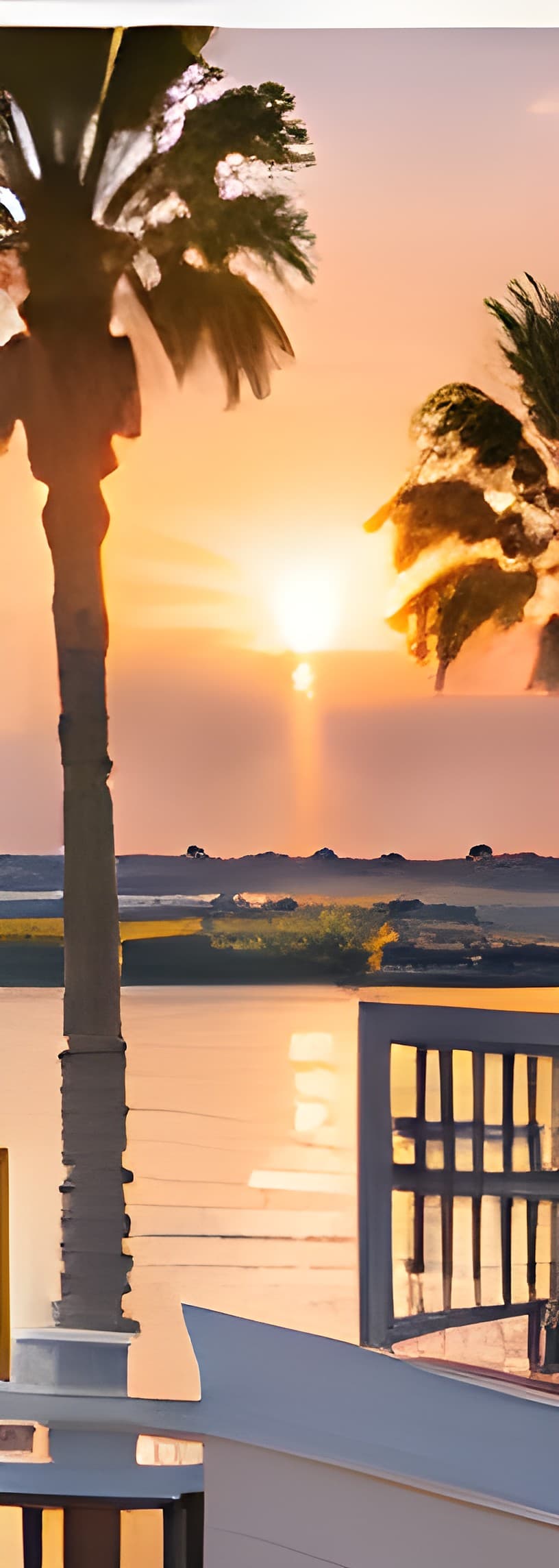 Vibrant orange sunset over water, framed by palm trees and a white balcony railing.