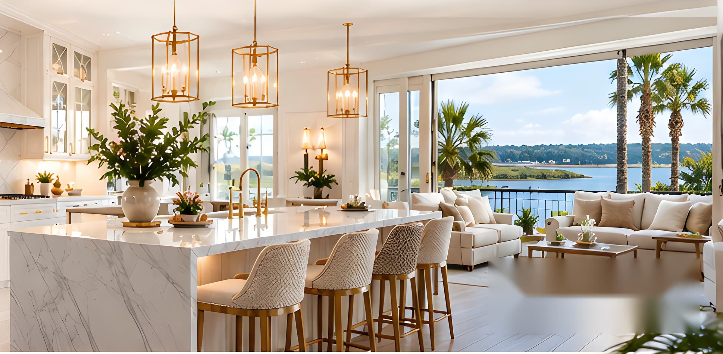 Luxurious open-plan kitchen and living area with marble island overlooking a scenic lakefront view.