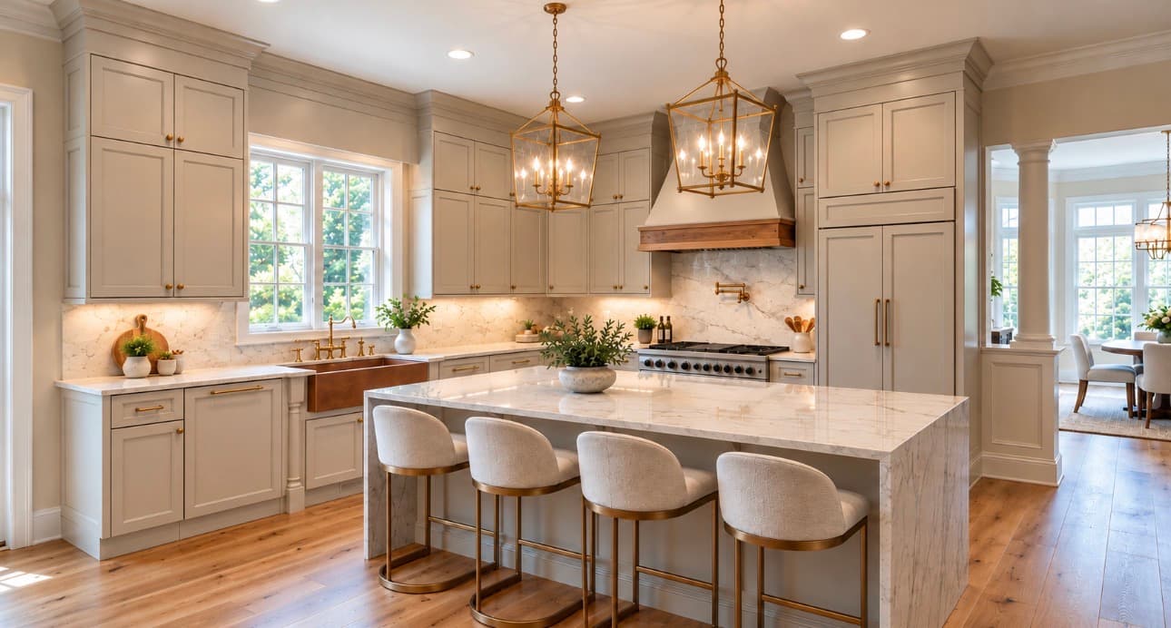 Modern kitchen with gray cabinets, marble island, copper sink, and gold lantern pendant lights.