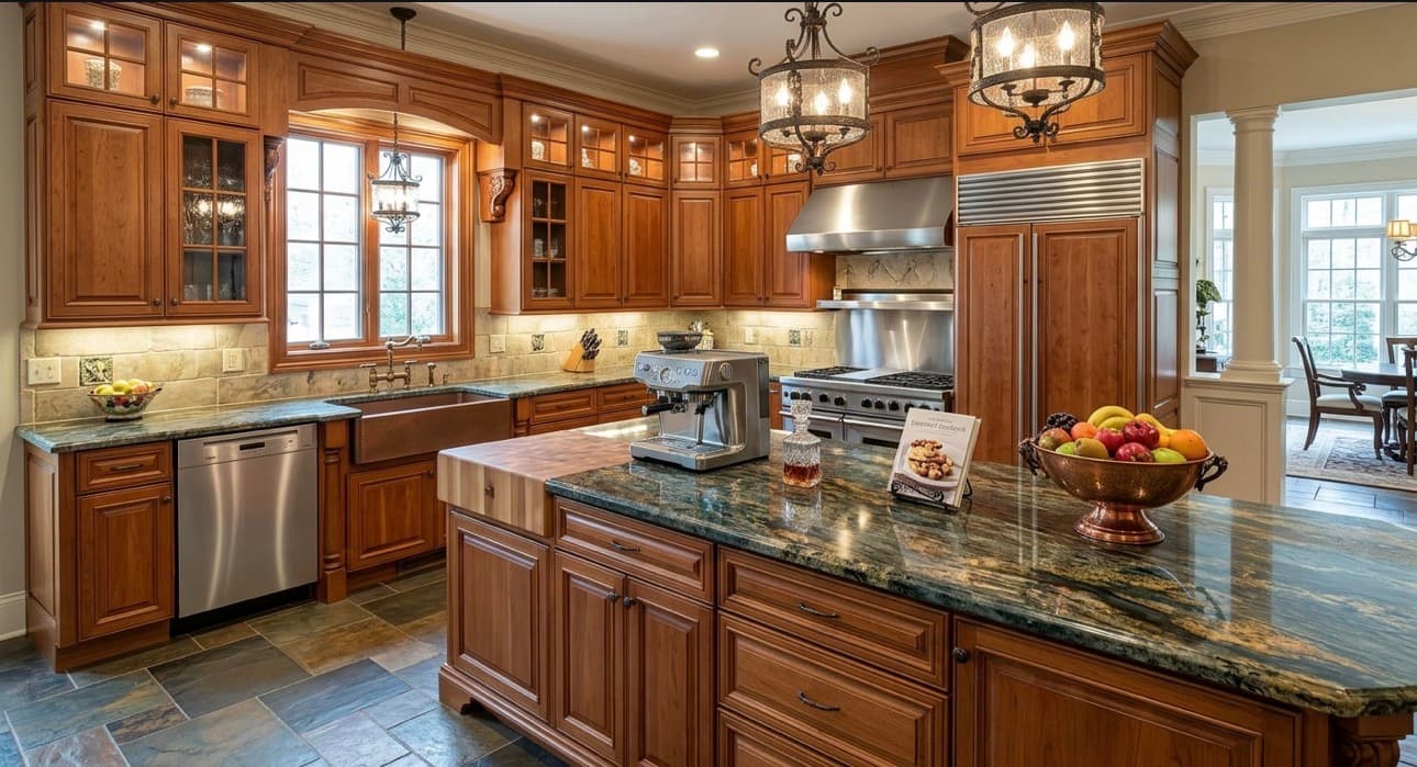 Traditional kitchen featuring warm wood cabinetry, dark granite countertops, and high-end stainless steel appliances.