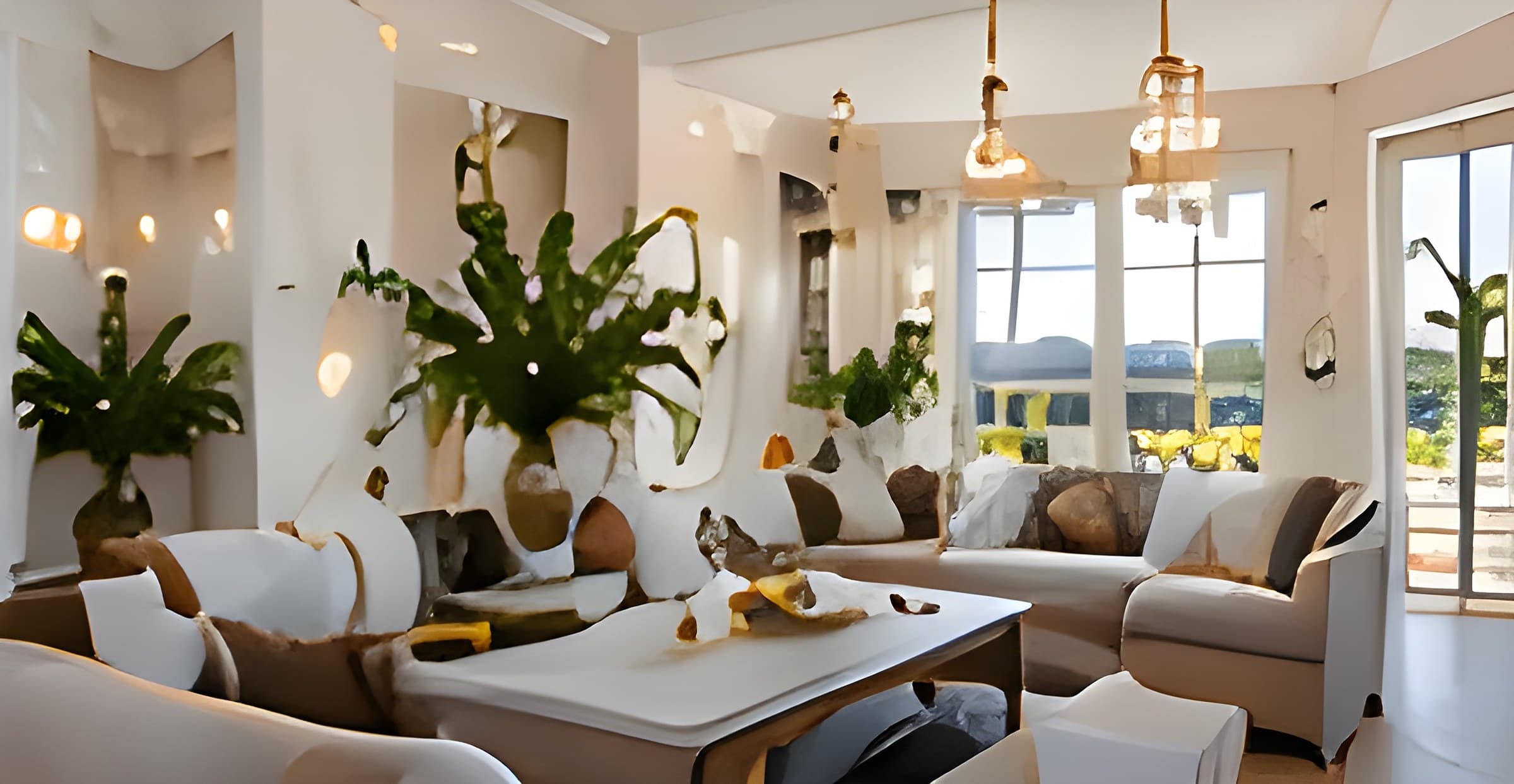 Bright living room featuring white sofas, large green plants, and sunlit windows with warm lighting.