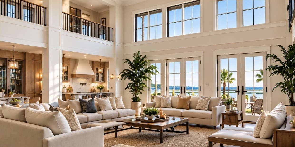 Elegant open-concept living room with cream sofas, indoor plants, and large windows overlooking a lake.