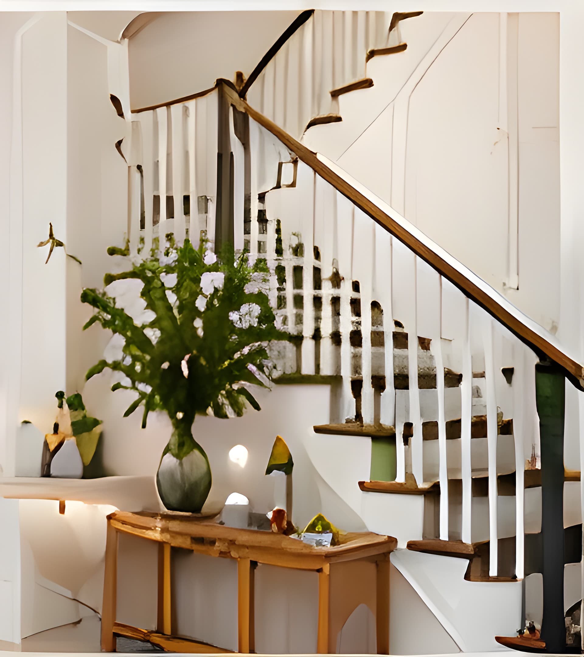 White staircase with wooden handrail and a large green plant on a wooden console table.