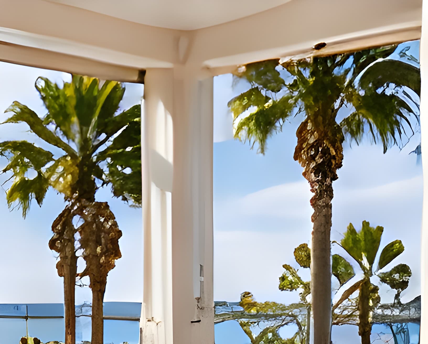 Palm trees seen through a white window frame with a blue sky and ocean view.