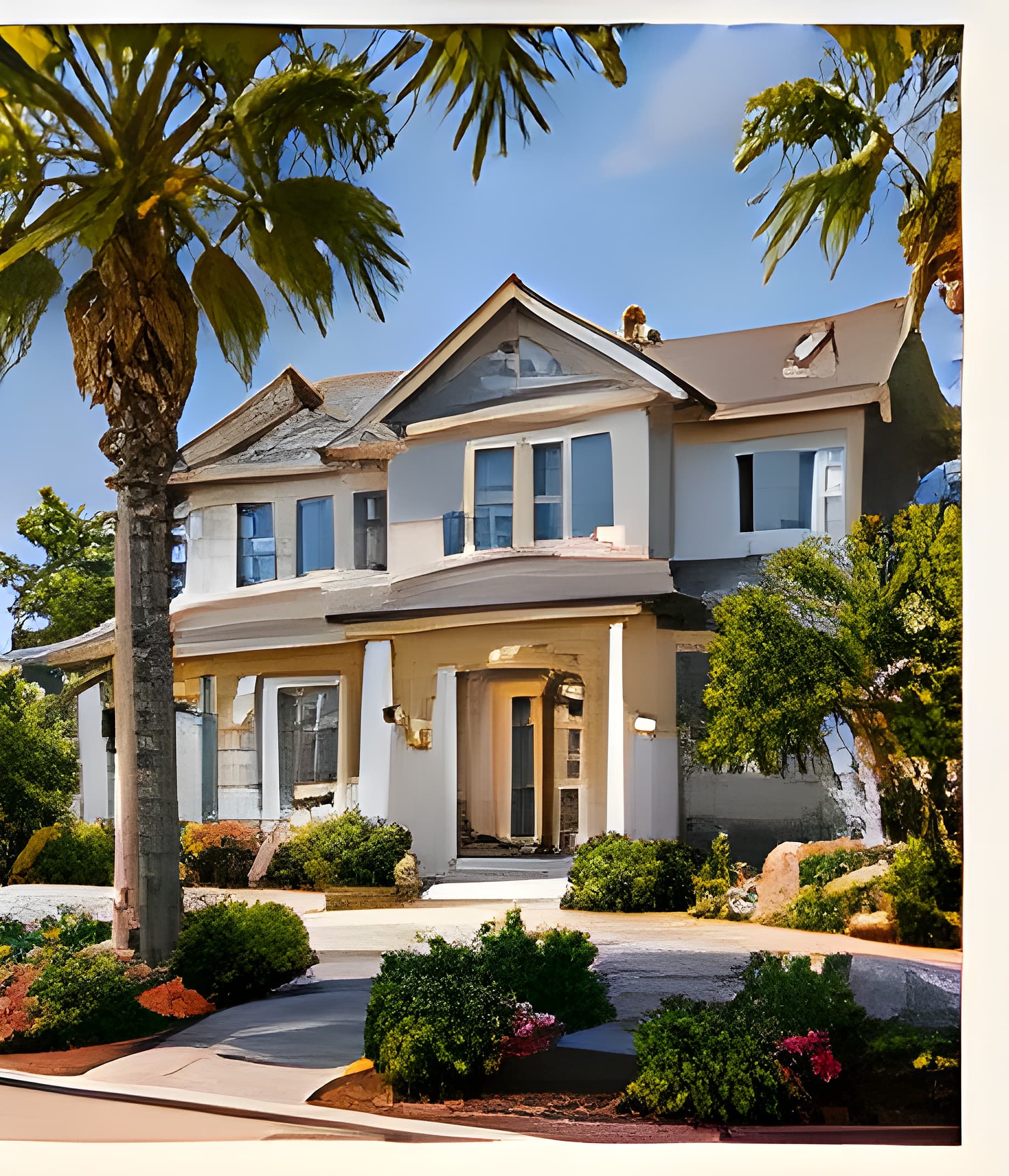 Large two-story house with a palm tree and green shrubbery under a clear blue sky.