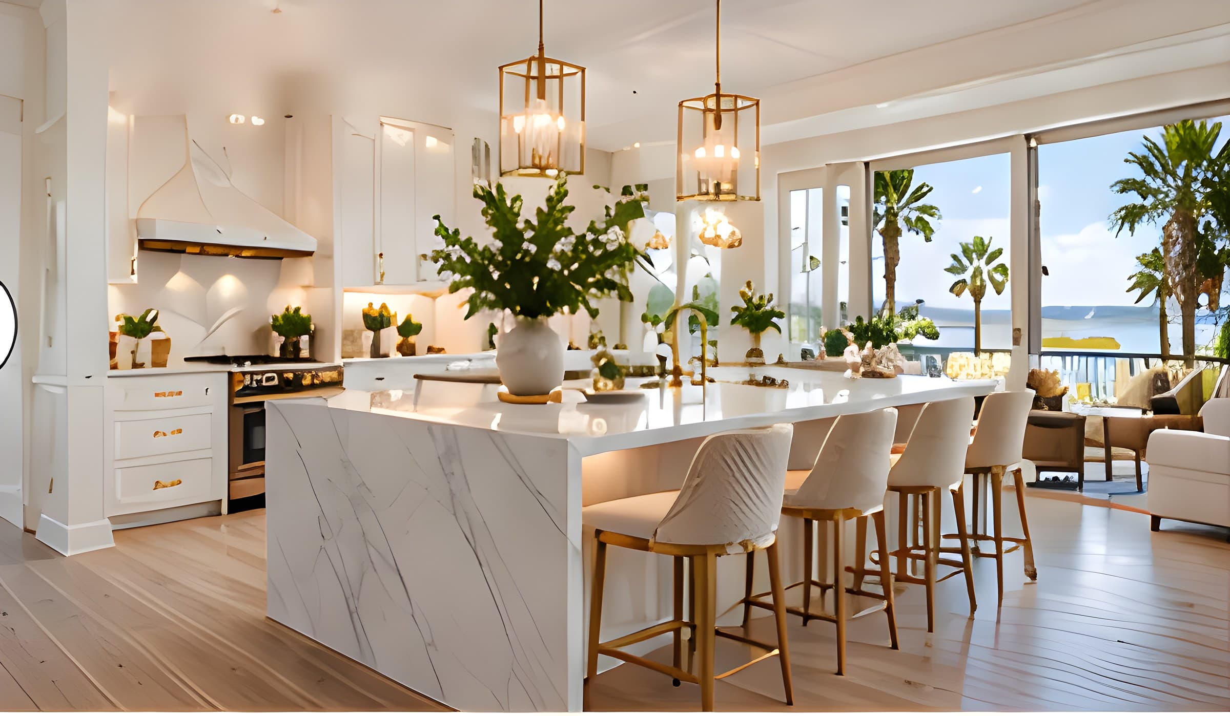 Modern white kitchen featuring a marble island, gold pendant lights, and scenic coastal palm tree views.
